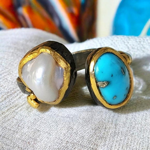 NKULTD Jewelry - 🆕️Genuine Pearl & Turquoise Ring | 925 Silver 24K Gold & Rhodium Plated 🌟